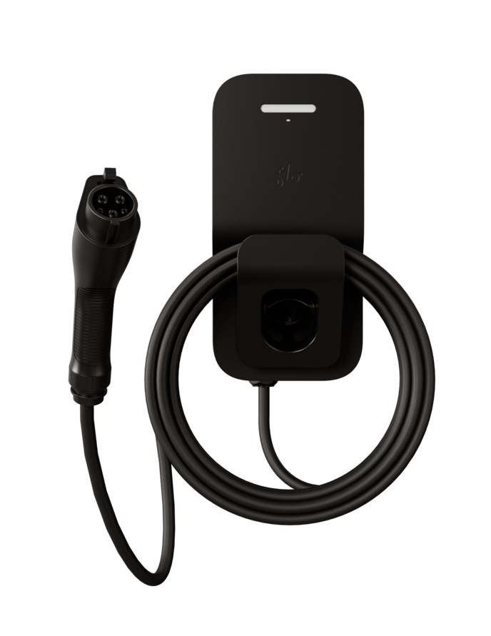 FLO Home X3 Black home EV charger with J1772 connector, front view, transparent background
