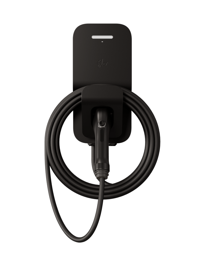 FLO Home X3 Black home EV charger with J1772 connector, front view , connector in holster, transparent background
