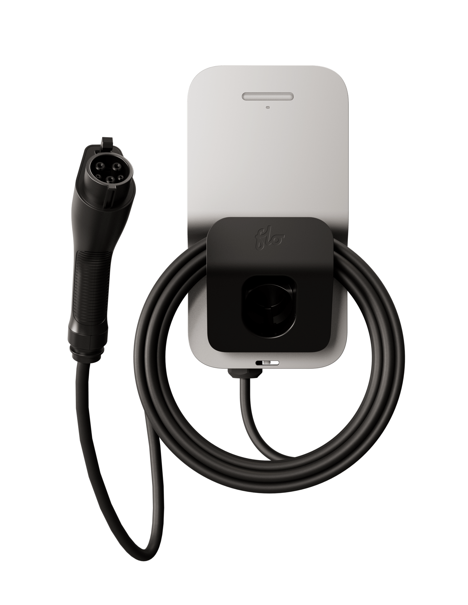 FLO Home X6 silver home EV charger with J1772 connector, front view transparent background
