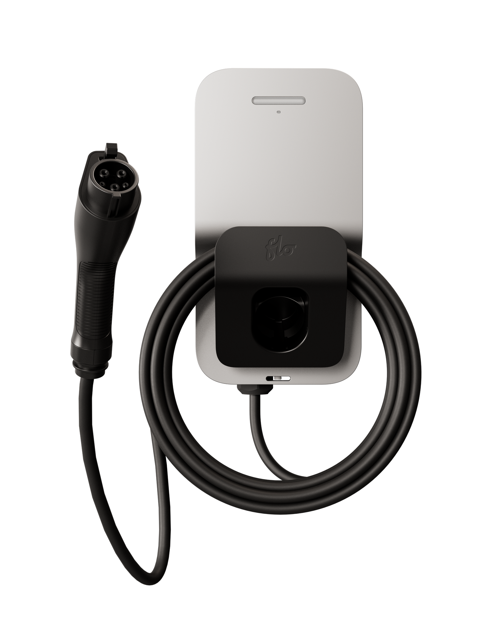 FLO Home X6 silver home EV charger with J1772(NACS) connector, front view, transparent background
