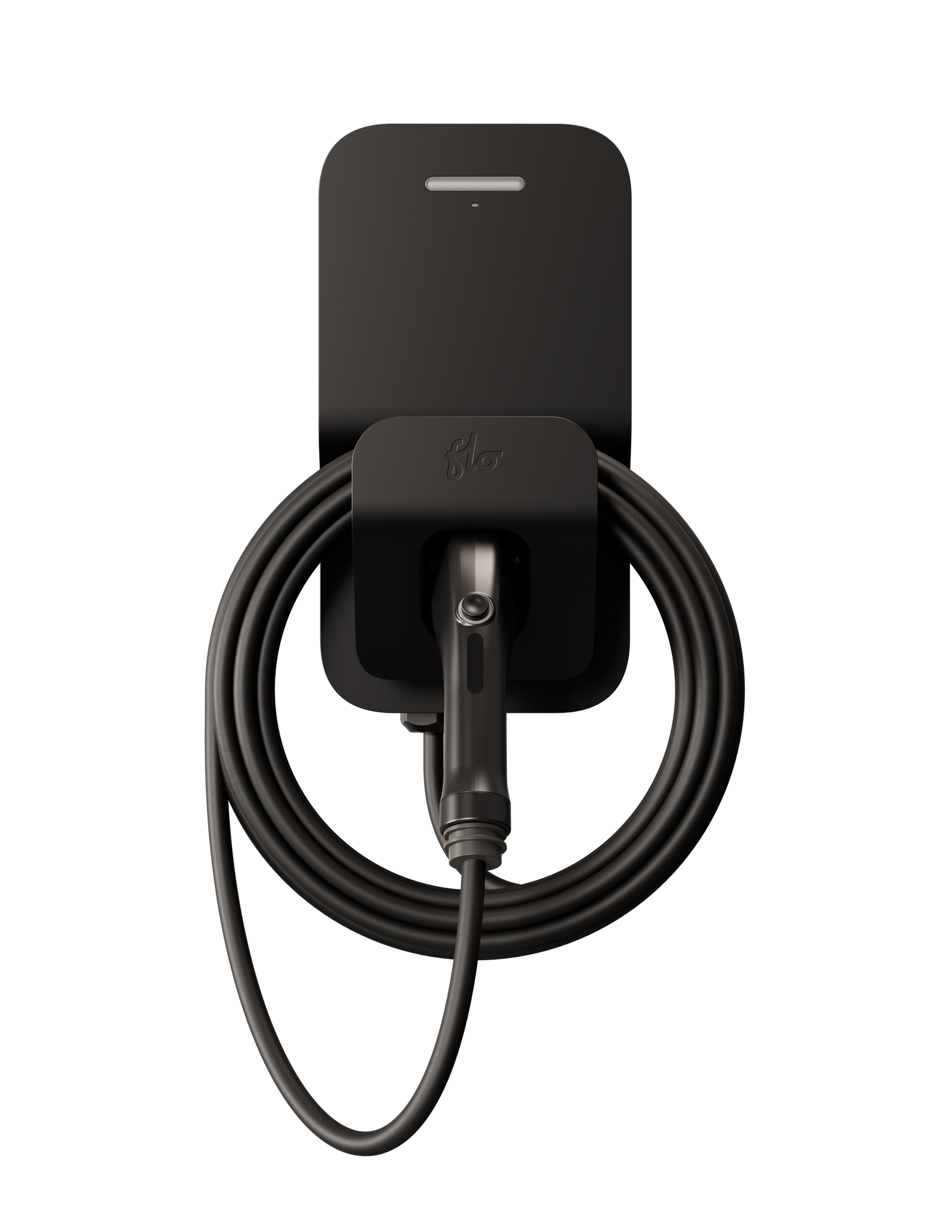 A black FLO Home X8 EV charging station, J1772 charging connector, front view, translucent background