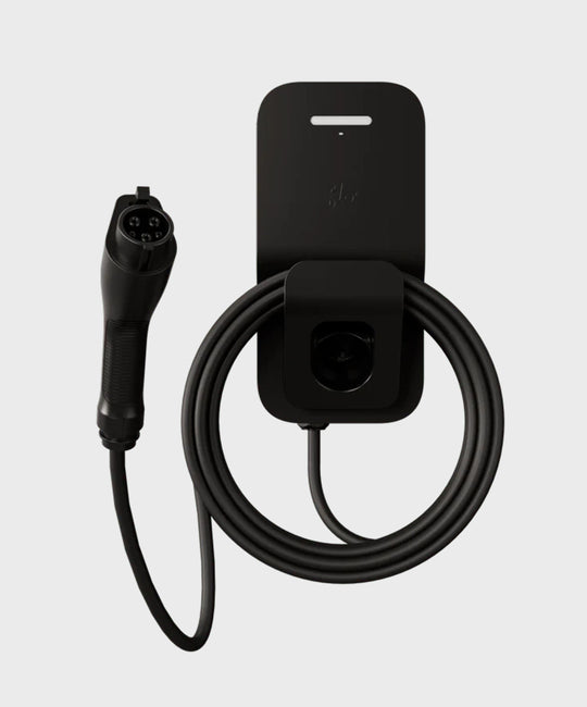 FLO Home X3 Black home EV charger with J1772 connector, front view, white background