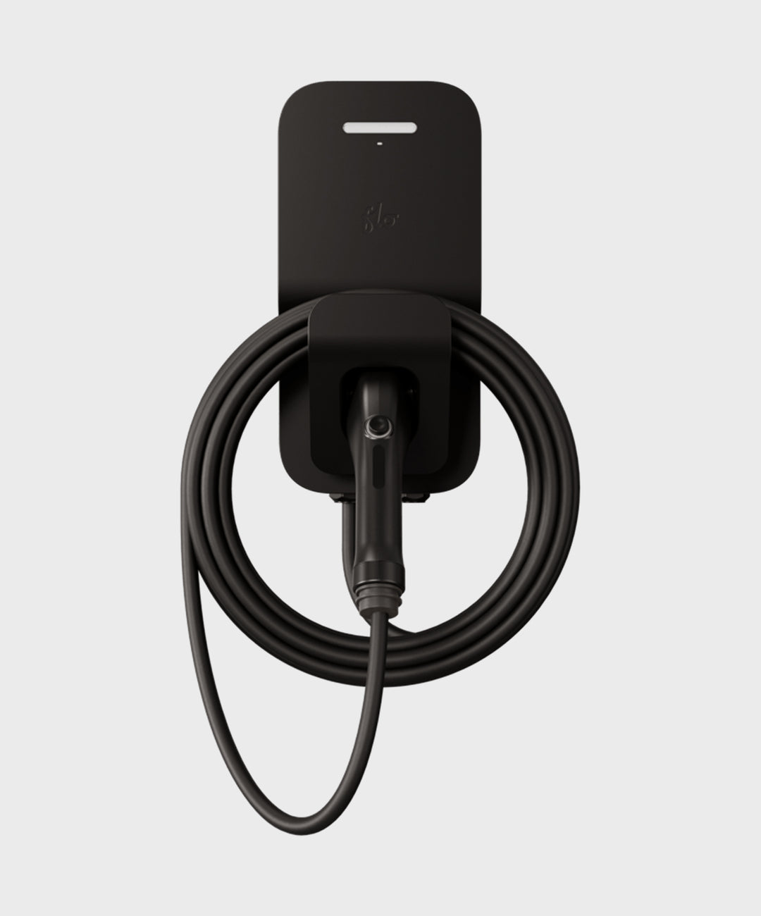 FLO Home X3 Black home EV charger with J1772 connector, front view , connector in holster, white background