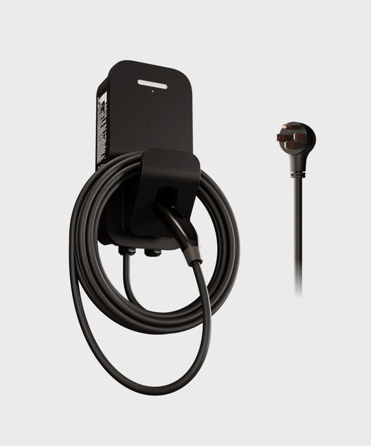 FLO Home X3 Black home EV charger with J1772 connector, side view left, white background