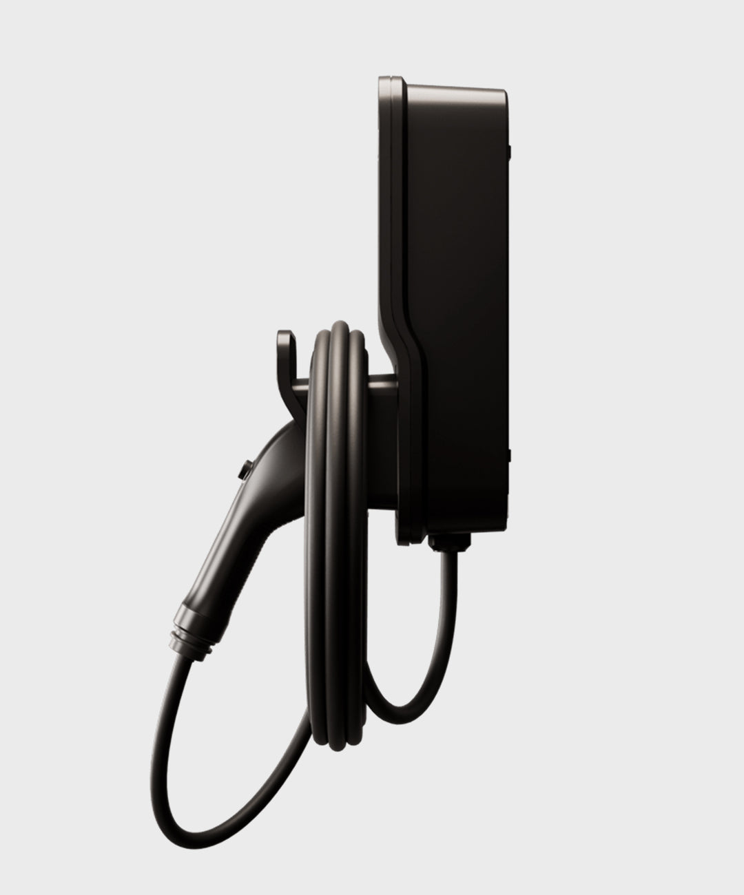 FLO Home X3 Black home EV charger with J1772 connector, side view right,  white background