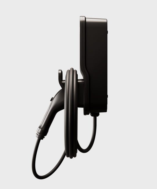 FLO Home X3 Black home EV charger with J1772 connector, side view right,  white background