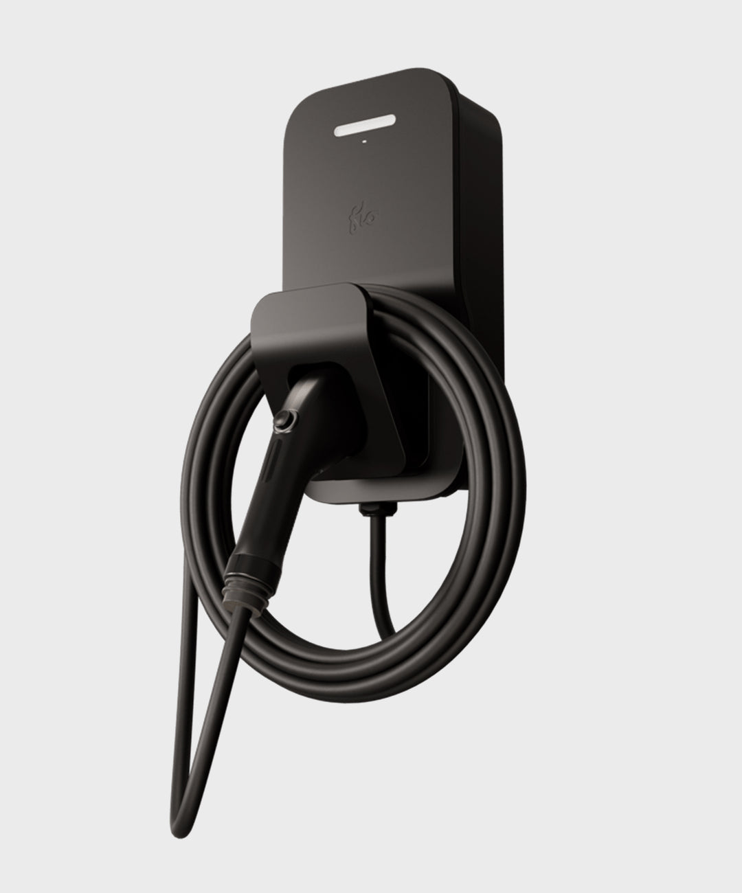 FLO Home X3 Black home EV charger with J1772 connector, side view, connector in holster, white background