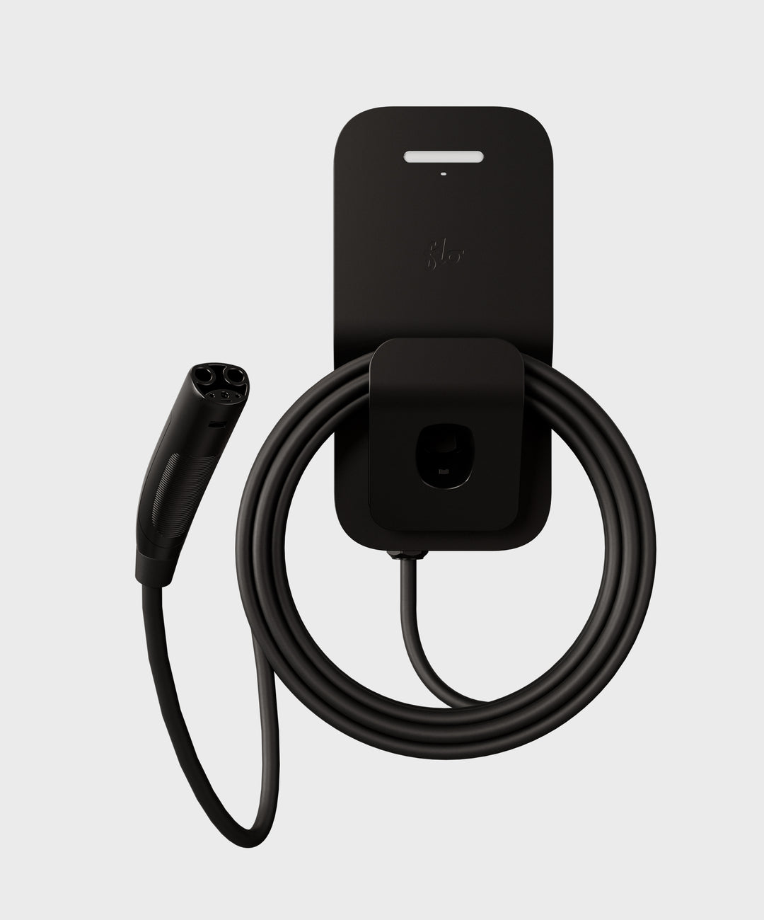 A black FLO Home X3 50 Amp EV charging station with a cable, white background.