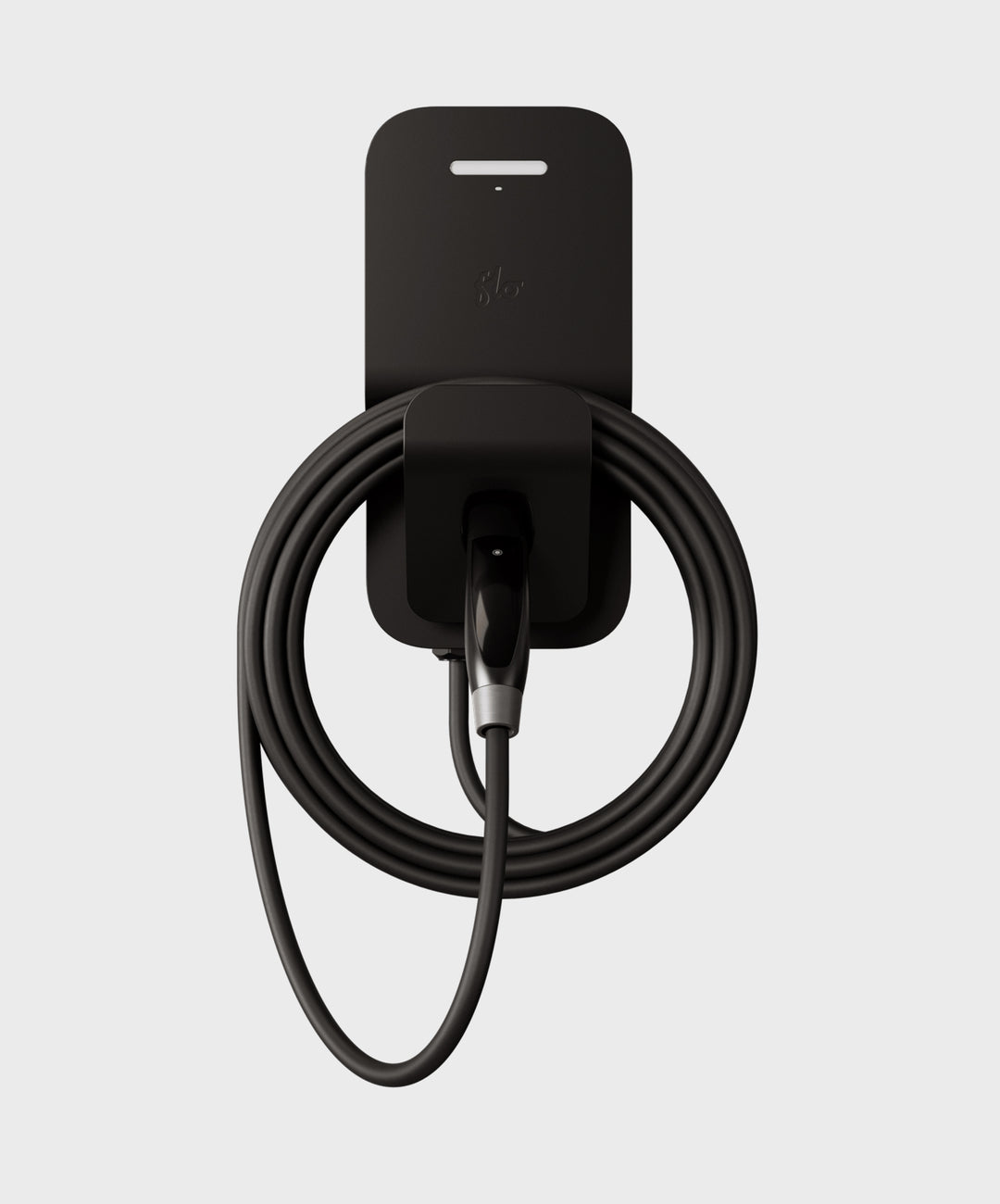 FLO Home X3 Black home EV charger with J3400 NEMA connector, front view, connector in holster, white background
