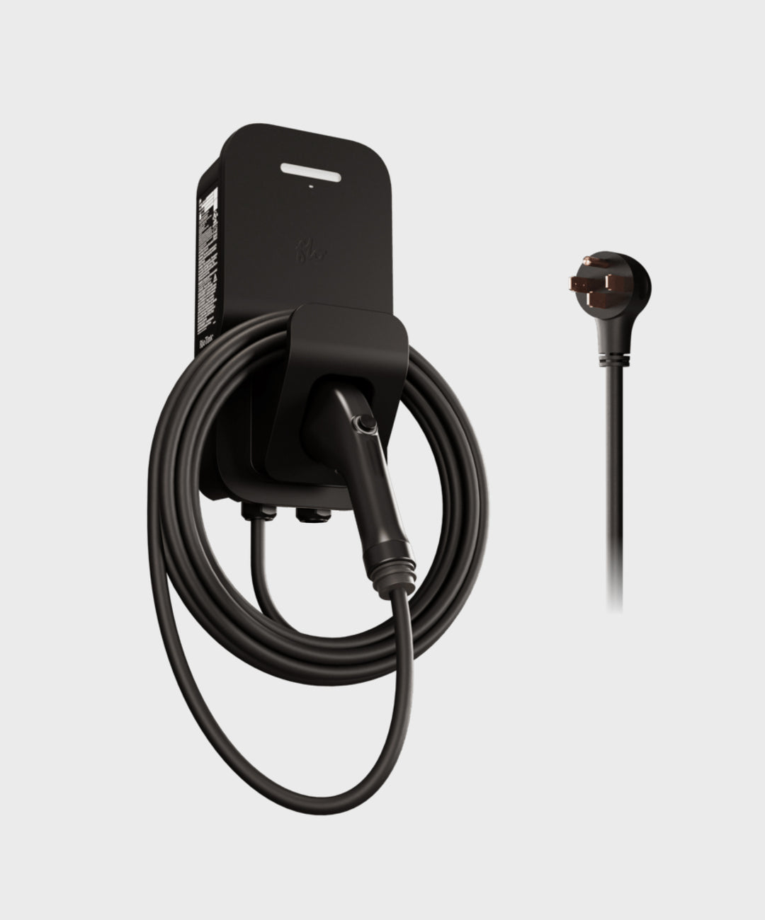 FLO Home X3 Black home EV charger with J1772 connector, side view left, white background