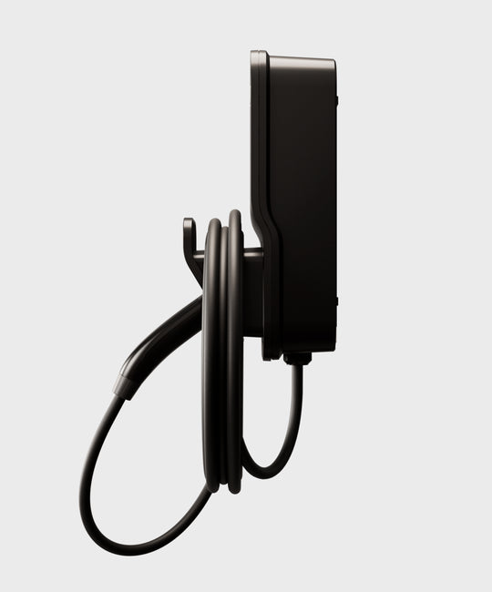 FLO Home X3 Black home EV charger with J3400 NEMA connector, side view right, white background