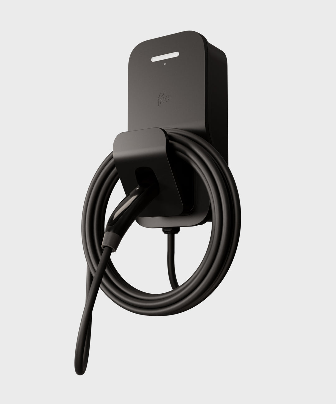 FLO Home X3 Black home EV charger with J3400 NEMA connector, side view, white background