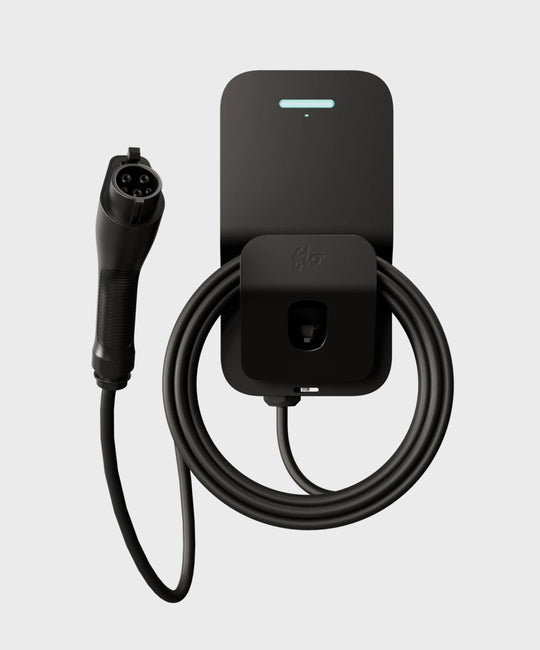 FLO Home X6 black home EV charger with J1772 connector, front view white background