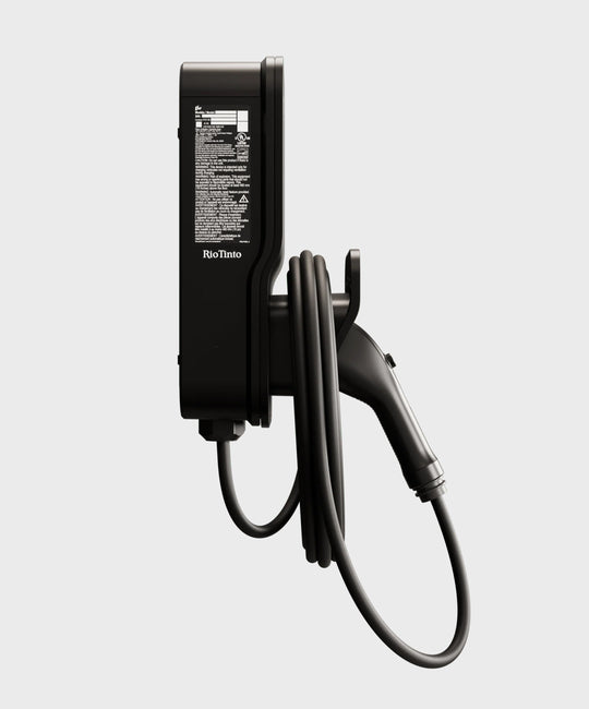 FLO Home X6 black home EV charger with J1772 connector, left view white background
