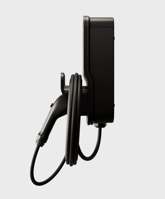 FLO Home X6 black home EV charger with J1772 connector, side right view white background