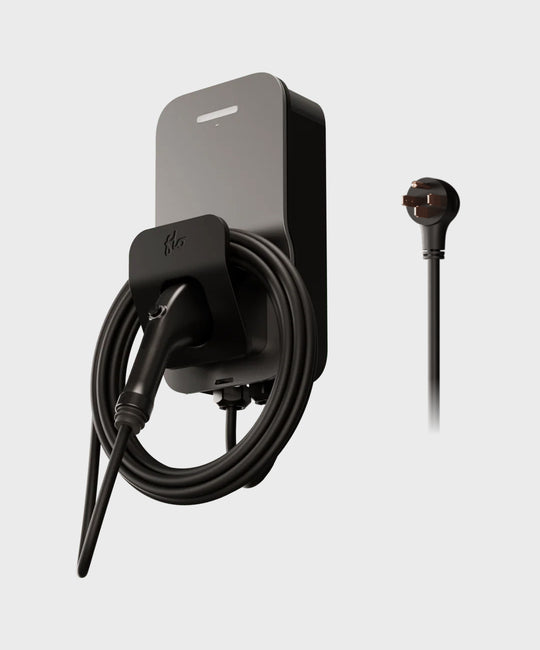 FLO Home X6 silver home EV charger with J1772 connector, slight left view white background