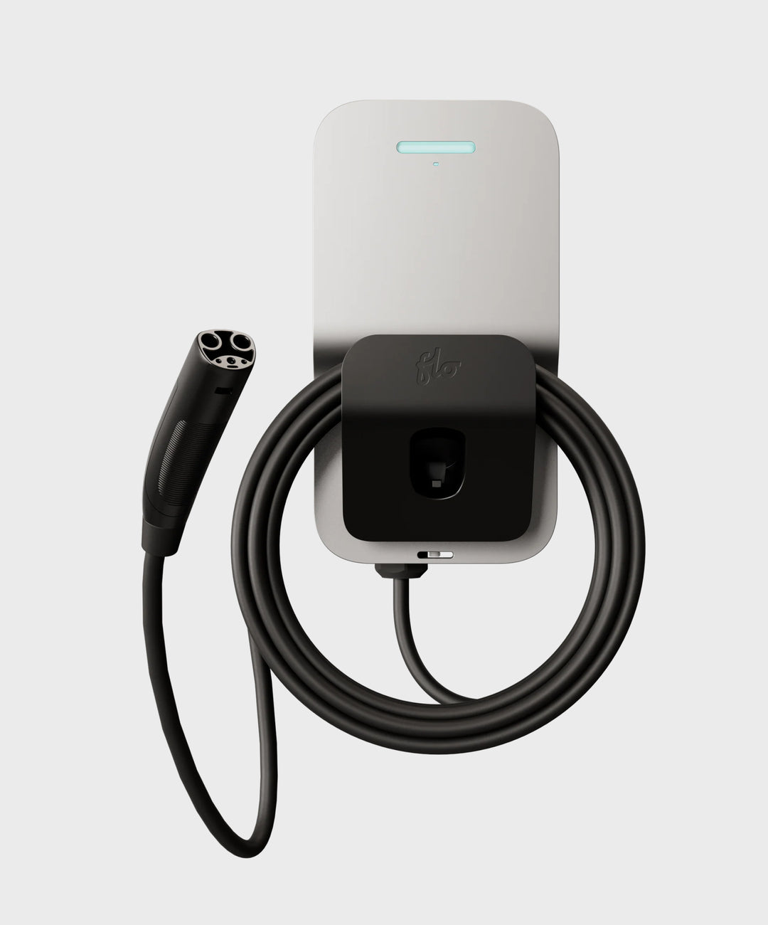 FLO Home X6 silver home EV charger with J3400 connector, front view white background