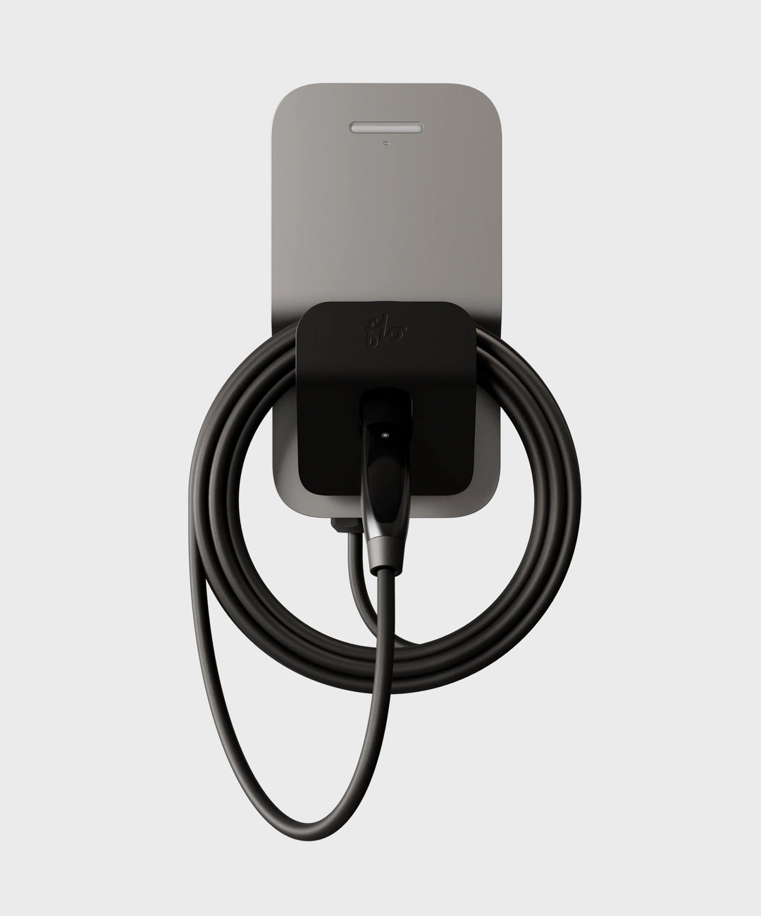FLO Home X6 silver home EV charger with J3400 connector, front view white background