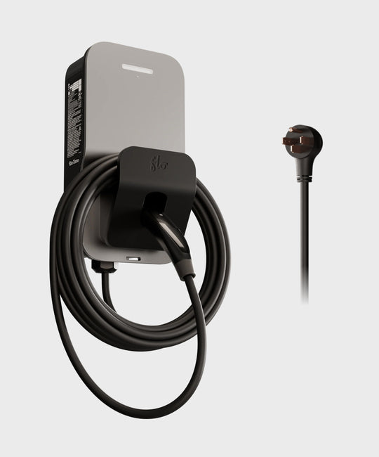 FLO Home X6 silver home EV charger with J3400 connector, slight left view white background