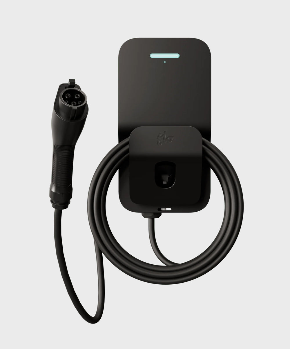 FLO Home X8 black home EV charger with J1772 connector, front view white background