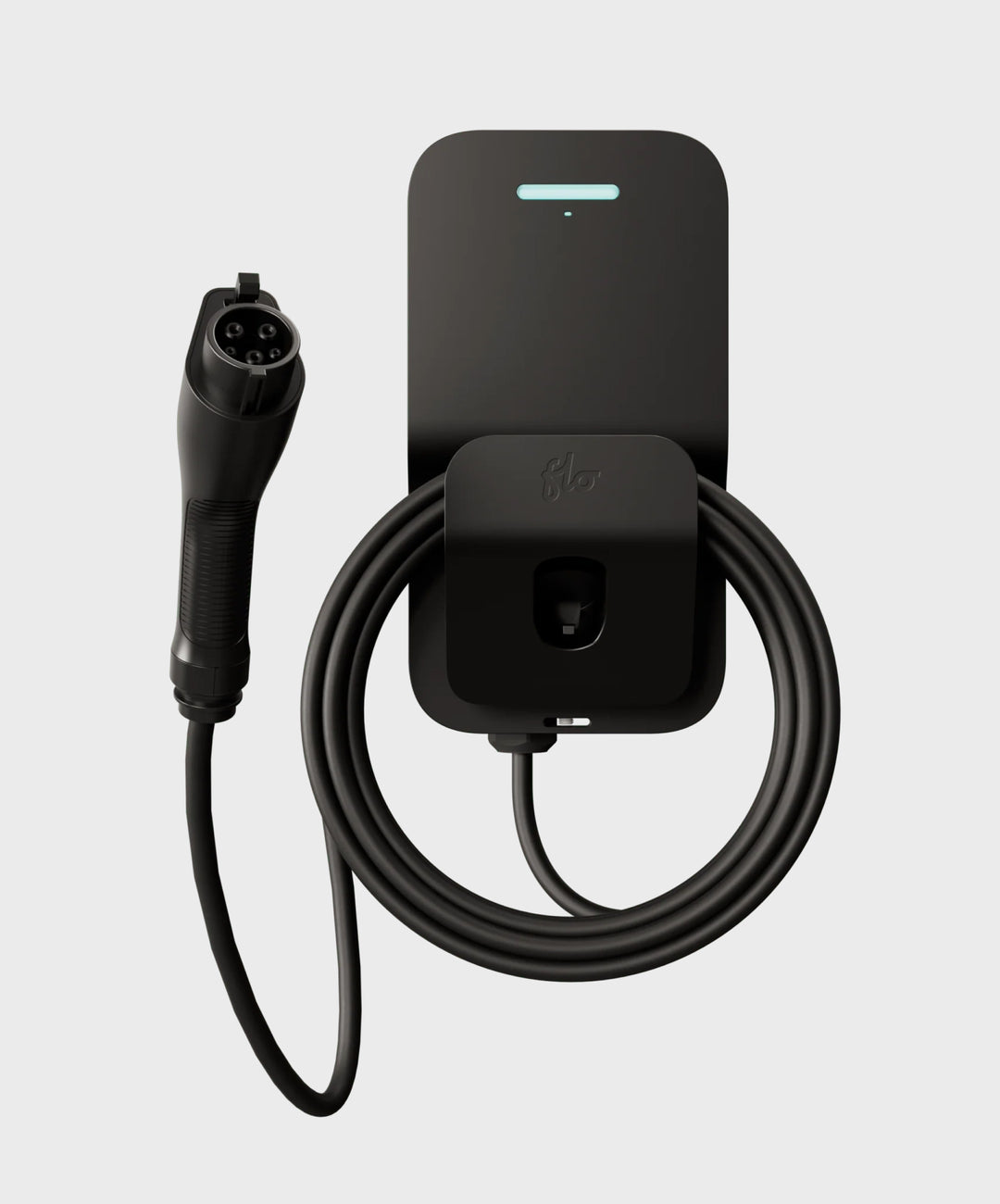 FLO Home X8 black home EV charger with J1772 connector, front view white background