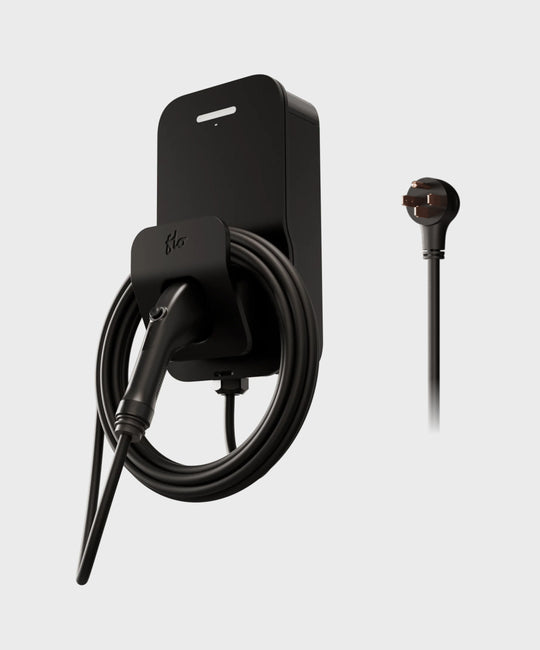 A black FLO Home X8 EV charging station, J1772 charging connector, slight right view, white background