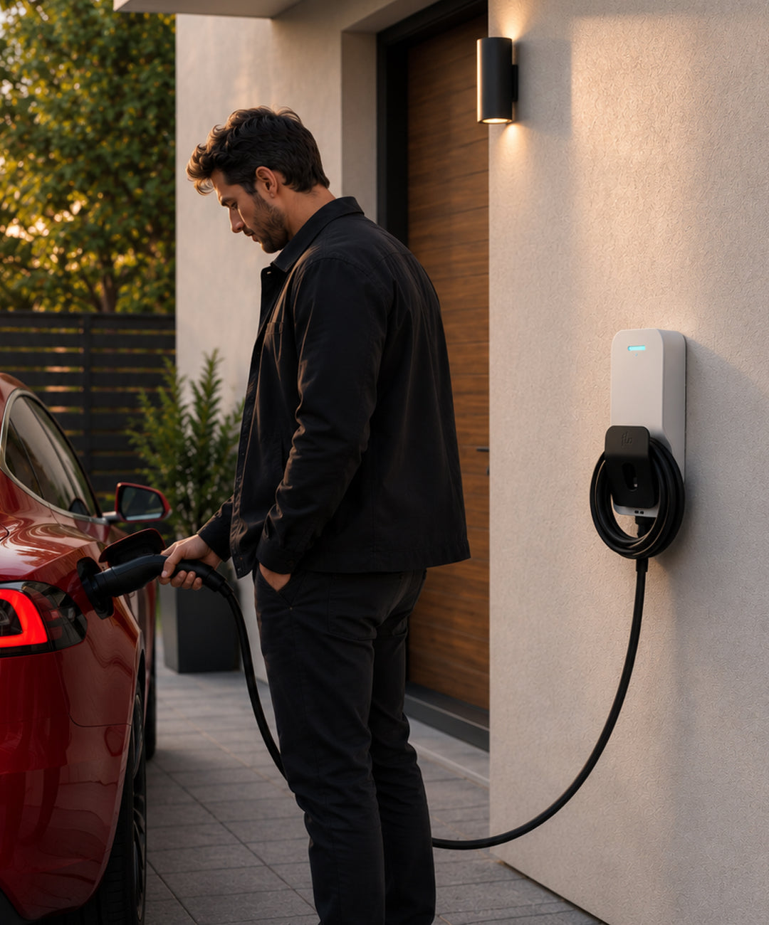 A man in a black jacket and pants is plugging a red electric vehicle into a wall-mounted charging station outside a modern house.